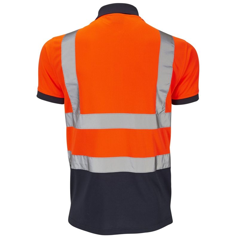 Hi Vis 2 Tone Orange-Navy Short Sleeve Bird Eye Polo Shirt - Image 3